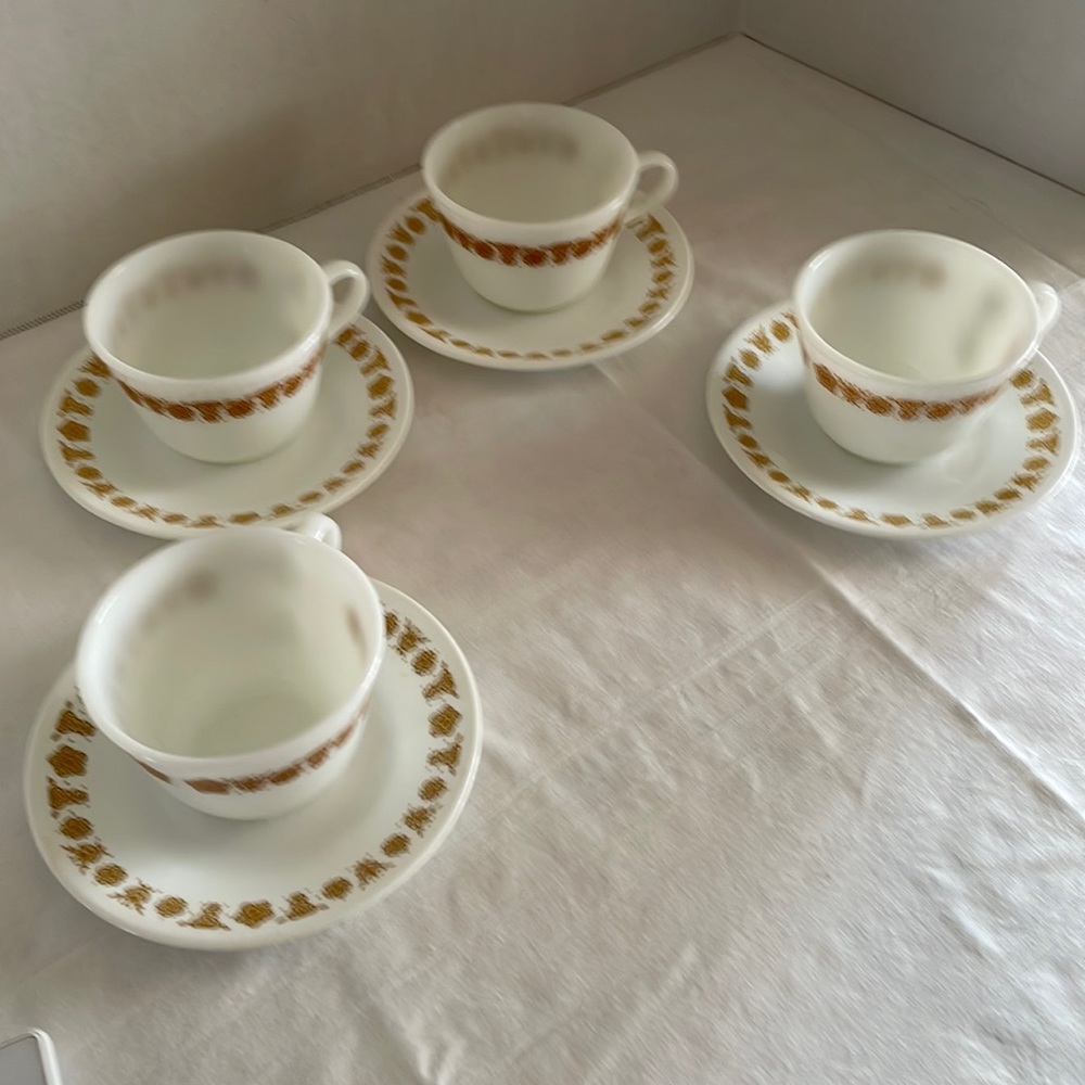 Corelle Vintage Butterfly Gold Hook Mugs with Saucers